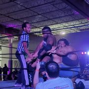 Wrestler attacks other wrestlers arm
