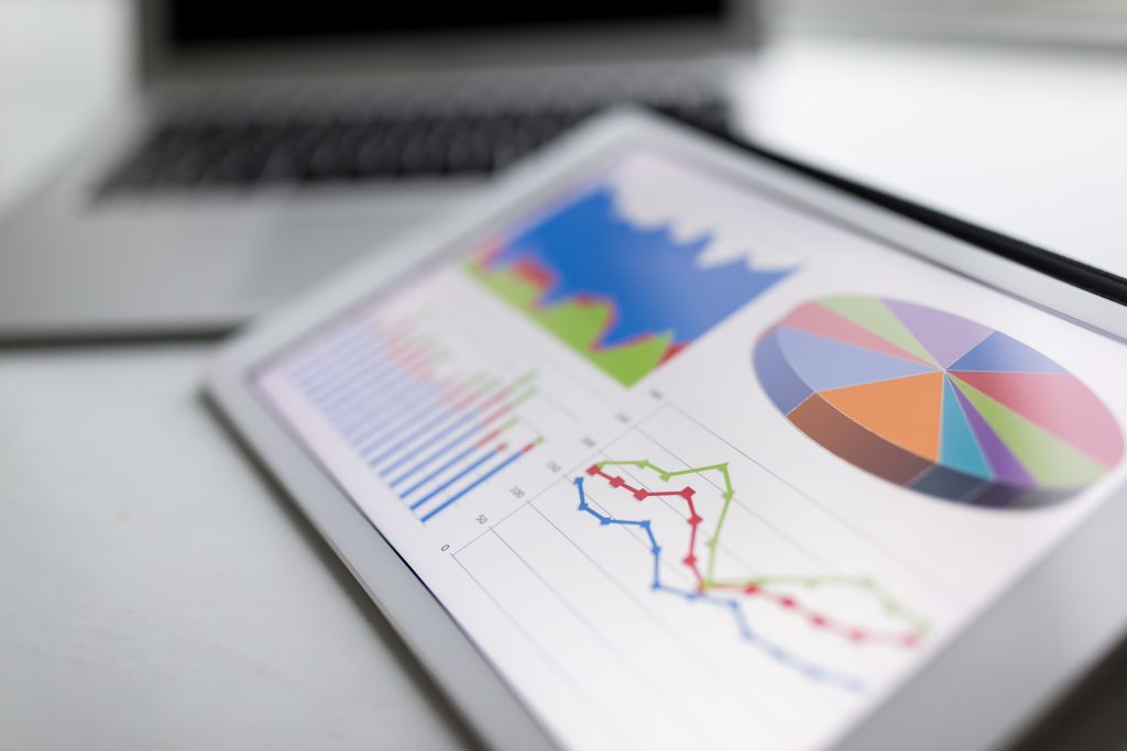 Charts and graphs on a tablet screen.