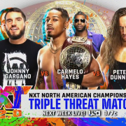 Hayes vs Gargano vs Dunne main event graphic