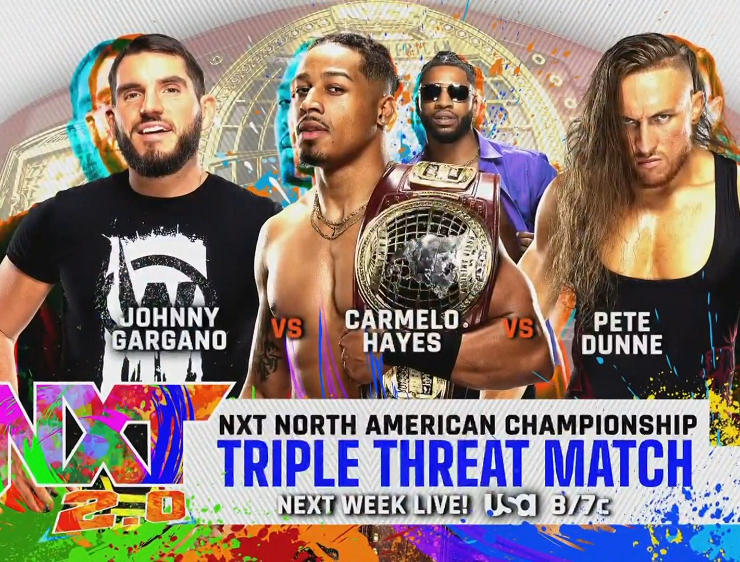 Hayes vs Gargano vs Dunne main event graphic