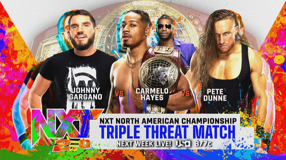 Hayes vs Gargano vs Dunne main event graphic