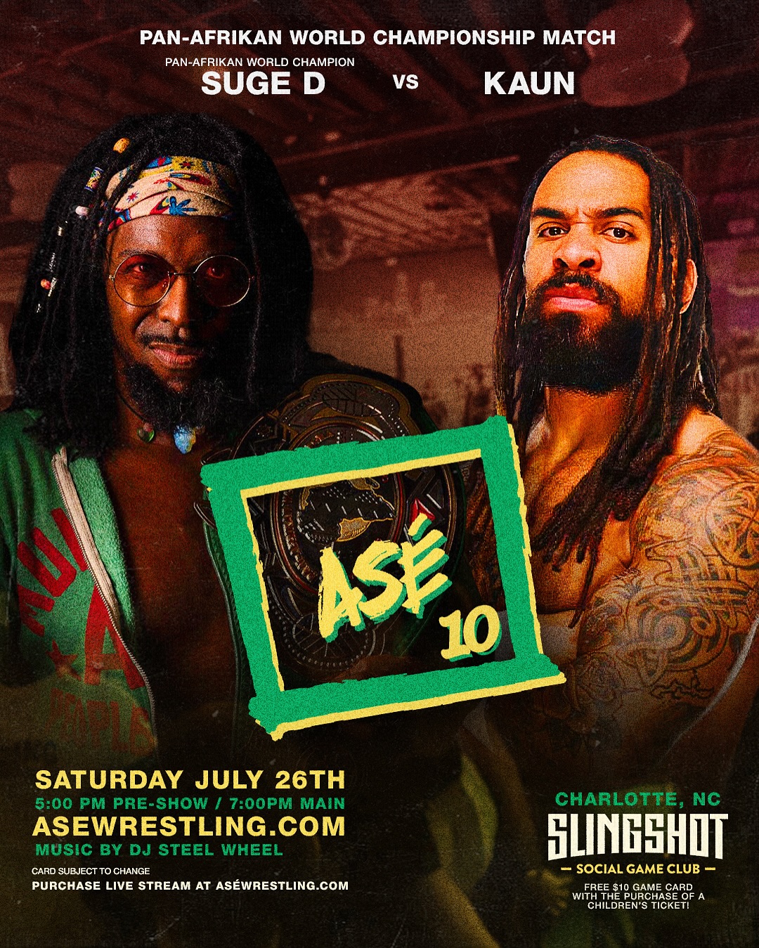 An ASÉ Wrestling graphic for Suge D vs Kaun for the Pan-Afrikan World Championship
